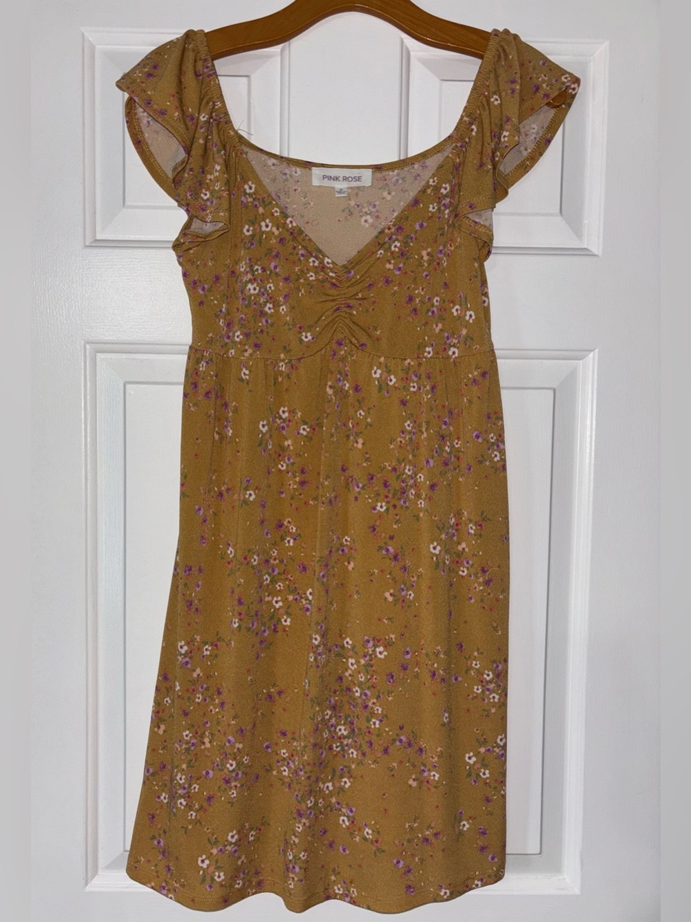 Pink Rose Mustard Floral Ruffle-Sleeve Dress